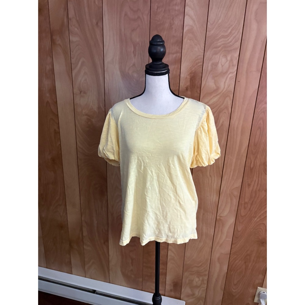 Jane + Delancey Womens Pale Yellow Cotton Slub Puff Sleeve Crew Neck Tee Top S
